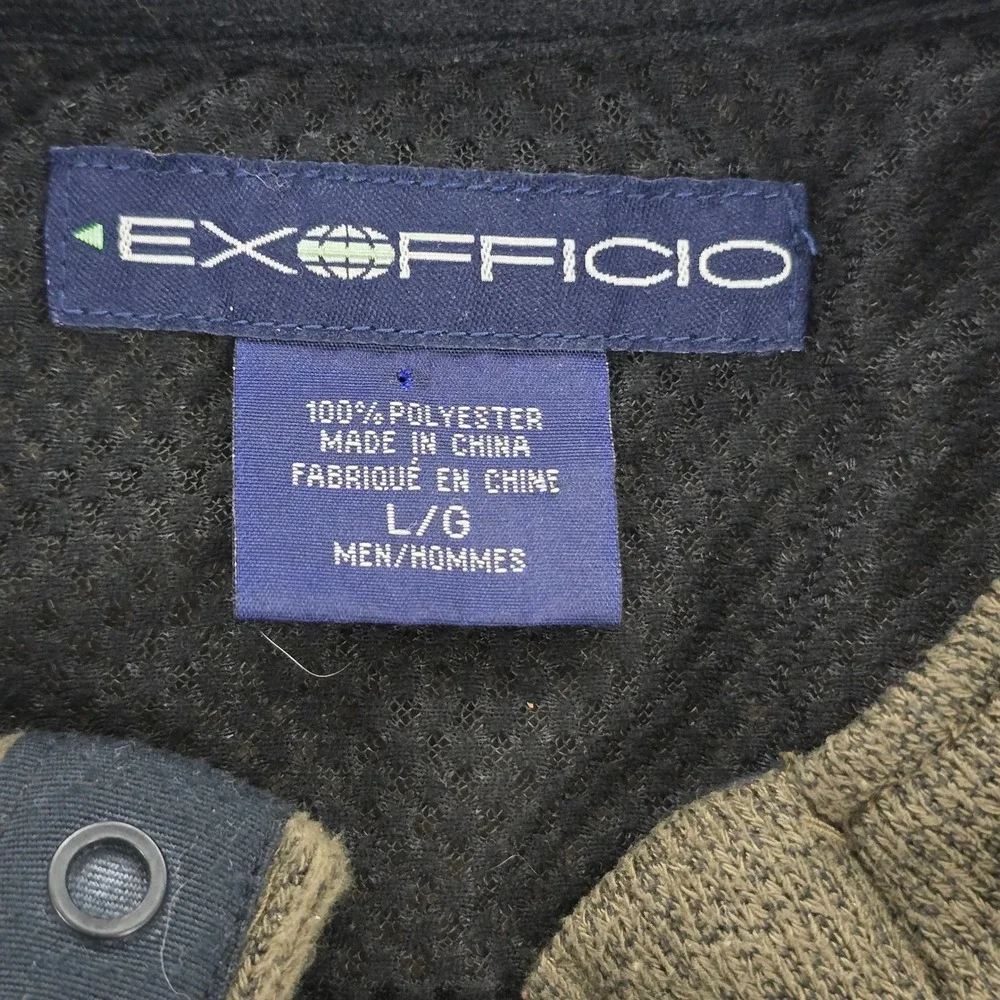 ExOfficio Mens L‎ Olive Green Fleece Henley Pullover Sleeve Pocket Sweater